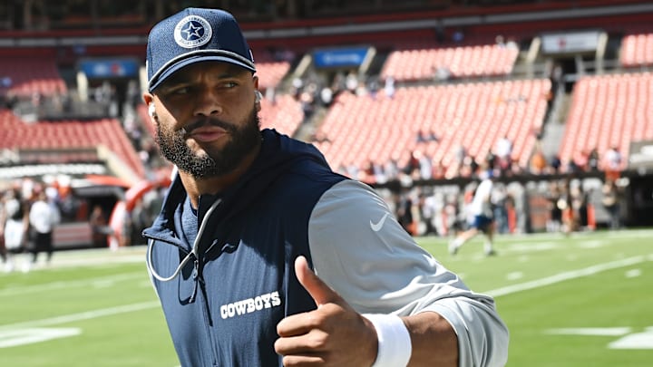 Dallas Cowboys quarterback Dak Prescott (4) runs off the field before the game between the Cleveland Browns and the Cowboys at Huntington Bank Field. 