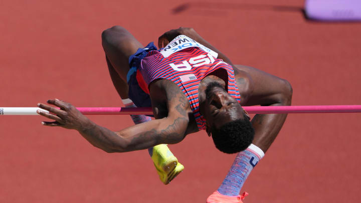 Jul 15, 2022; Eugene, Oregon, USA; Shelby McEwen (USA) competes during high jump qualifying during the World Athletics Championships Oregon 22 at Hayward Field. Mandatory Credit: Kirby Lee-USA TODAY Sports