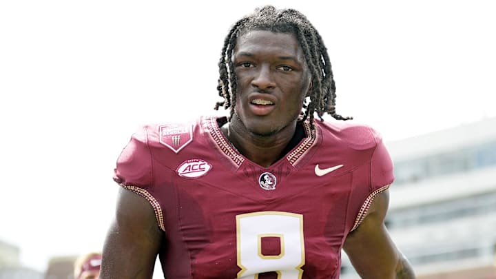 Sep 14, 2024; Tallahassee, Florida, USA; Florida State Seminoles wide receiver Hykeem Williams (8) before a game against the Memphis Tigers at Doak S. Campbell Stadium. Mandatory Credit: Melina Myers-Imagn Images