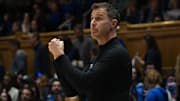 Nov 23, 2025; Durham, North Carolina, USA; Duke Blue Devils head coach Jon Scheyer directs his team during the second half against the Howard Bison at Cameron Indoor Stadium. Mandatory Credit: Rob Kinnan-Imagn Images