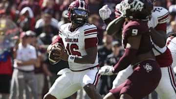 Nov 15, 2025; College Station, Texas, USA; South Carolina Gamecocks quarterback Lanorris Sellers (16) looks for an open receiver during the second quarter against the Texas A&M Aggies at Kyle Field. Mandatory Credit: Troy Taormina-Imagn Images