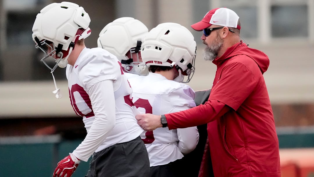 Mar 5, 2025; Tuscaloosa, AL, USA; Linebackers coach Chuck Morrell works with players during Spring Practice for the Crimson Tide.