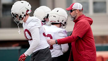 Mar 5, 2025; Tuscaloosa, AL, USA; Linebackers coach Chuck Morrell works with players during Spring Practice for the Crimson Tide.