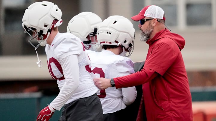 Mar 5, 2025; Tuscaloosa, AL, USA; Linebackers coach Chuck Morrell works with players during Spring Practice for the Crimson Tide.