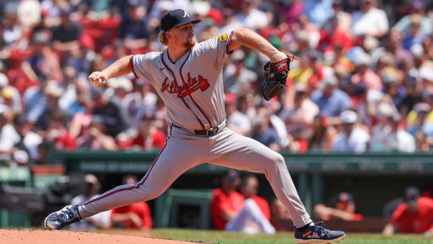  Atlanta Braves starting pitcher Spencer Schwellenbach throws a pitch against the Boston Red Sox at Fenway Park.