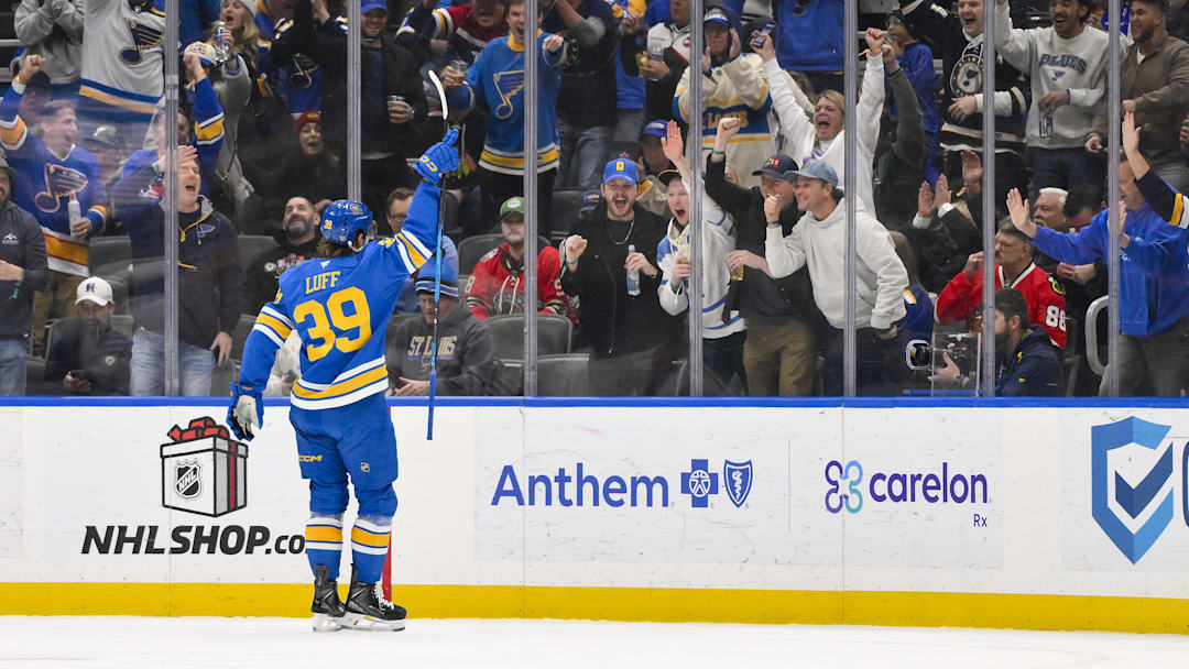 Dec 12, 2025; St. Louis, Missouri, USA; St. Louis Blues right wing Matt Luff (39) reacts after scoring against the Chicago Blackhawks during the first period at Enterprise Center. Mandatory Credit: Jeff Curry-Imagn Images Dec 12, 2025; St. Louis, Missouri, USA; St. Louis Blues right wing Matt Luff (39) reacts after scoring against the Chicago Blackhawks during the first period at Enterprise Center. Mandatory Credit: Jeff Curry-Imagn Images