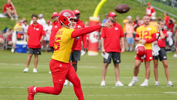 Jul 24, 2023; St. Joseph, MO, USA; Kansas City Chiefs quarterback Patrick Mahomes (15) throws a pass during training camp at Missouri Western State University. Mandatory Credit: Denny Medley-USA TODAY Sports