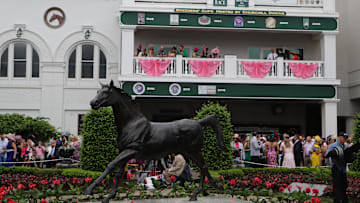  General view of the statue of the first Kentucky Derby winner Aristides before the Kentucky Derby at Churchill Downs. 