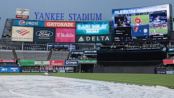 May 24, 2023; Bronx, New York, USA; Yankee Stadium during a rain delay before a game between the New York Yankees and the Baltimore Orioles. Mandatory Credit: Vincent Carchietta-Imagn Images