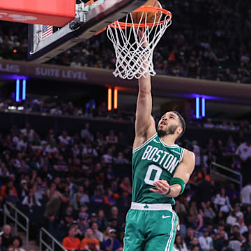 May 10, 2025; New York, New York, USA; Boston Celtics forward Jayson Tatum (0) drives to the basket in the fourth quarter against the New York Knicks during game three of the second round for the 2025 NBA Playoffs at Madison Square Garden. Mandatory Credit: Wendell Cruz-Imagn Images
