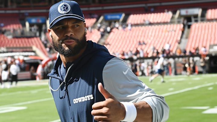 Dallas Cowboys quarterback Dak Prescott runs off the field before the game against the Cleveland Browns. Dallas Cowboys quarterback Dak Prescott runs off the field before the game against the Cleveland Browns.