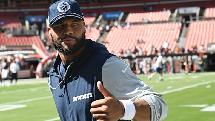 Sep 8, 2024; Cleveland, Ohio, USA; Dallas Cowboys quarterback Dak Prescott (4) runs off the field before the game between the Cleveland Browns and the Cowboys at Huntington Bank Field. Mandatory Credit: Ken Blaze-Imagn Images