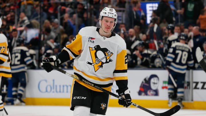 Mar 30, 2024; Columbus, Ohio, USA; Pittsburgh Penguins left wing  Sam Poulin (22) during the second period against the Columbus Blue Jackets at Nationwide Arena.