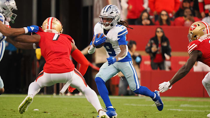 Oct 27, 2024; Santa Clara, California, USA; Dallas Cowboys wide receiver KaVonte Turpin (9) carries the ball against the San Francisco 49ers during the first quarter at Levi's Stadium. Mandatory Credit: Kelley L Cox-Imagn Images Oct 27, 2024; Santa Clara, California, USA; Dallas Cowboys wide receiver KaVonte Turpin (9) carries the ball against the San Francisco 49ers during the first quarter at Levi's Stadium. Mandatory Credit: Kelley L Cox-Imagn Images