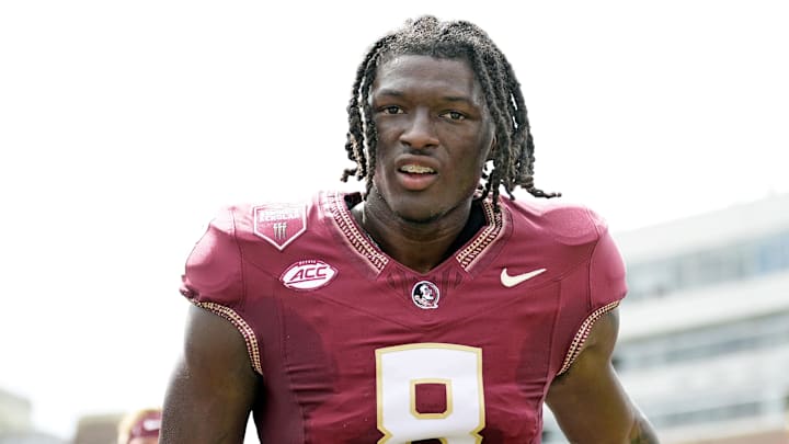 Sep 14, 2024; Tallahassee, Florida, USA; Florida State Seminoles wide receiver Hykeem Williams (8) before a game against the Memphis Tigers at Doak S. Campbell Stadium. Mandatory Credit: Melina Myers-Imagn Images