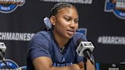 Mar 27, 2025; Birmingham, AL, USA; UNC Tar Heels guard Reniya Kelly (10) talks with the media before an NCAA Tournament practice session at Legacy Arena. Mandatory Credit: Vasha Hunt-Imagn Images