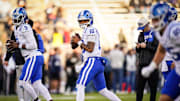 Nov 8, 2025; East Hartford, Connecticut, USA; Duke Blue Devils quarterback Darian Mensah (10) warms up before the start of the game against the UConn Huskies at Pratt & Whitney Stadium at Rentschler Field. 
