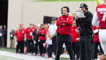 Nov 9, 2024; Bloomington, Indiana, USA; Indiana Hoosiers head coach Curt Cignetti looks on in the game against the Michigan Wolverines at Memorial Stadium. Mandatory Credit: Trevor Ruszkowski-Imagn Images