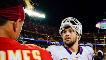 Dec 10, 2023; Kansas City, Missouri, USA; Buffalo Bills quarterback Josh Allen (17) talks with Kansas City Chiefs quarterback Patrick Mahomes (15) after a game  at GEHA Field at Arrowhead Stadium. Mandatory Credit: Jay Biggerstaff-Imagn Images