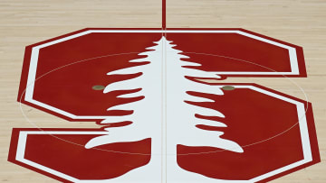 Feb 10, 2024; Stanford, California, USA; The Stanford Cardinal logo at center court before the game