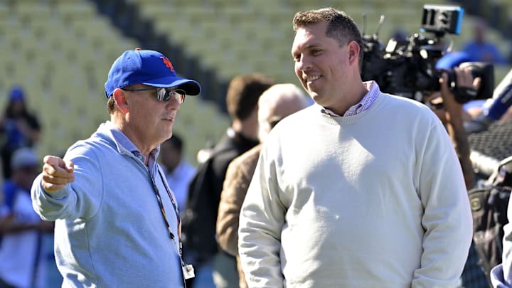 New York Mets owner Steve Cohen (left) talks with president of baseball operations David Stearns in 2024