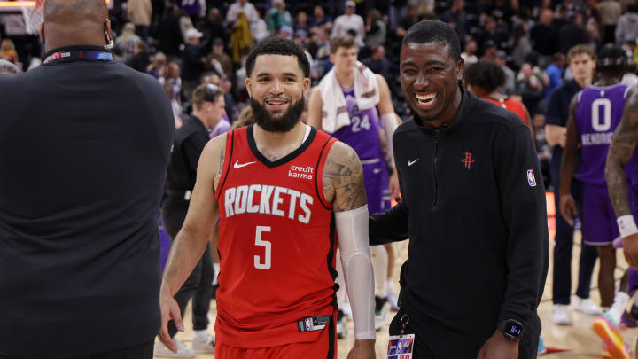 Mar 29, 2024; Salt Lake City, Utah, USA;  Houston Rockets guard Fred VanVleet (5) laughs after helping his team win against the Utah Jazz at Delta Center. Mandatory Credit: Chris Nicoll-USA TODAY Sports