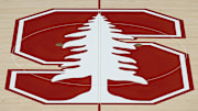 Feb 10, 2024; Stanford, California, USA; The Stanford Cardinal logo at center court before the game between the Stanford Cardinal and the USC Trojans at Maples Pavilion. Mandatory Credit: Robert Edwards-Imagn Images