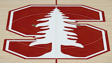 Feb 10, 2024; Stanford, California, USA; The Stanford Cardinal logo at center court before the game between the Stanford Cardinal and the USC Trojans at Maples Pavilion. Mandatory Credit: Robert Edwards-Imagn Images