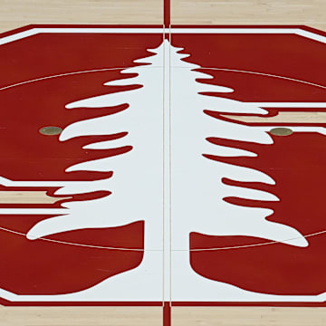 Feb 10, 2024; Stanford, California, USA; The Stanford Cardinal logo at center court before the game between the Stanford Cardinal and the USC Trojans at Maples Pavilion. Mandatory Credit: Robert Edwards-Imagn Images