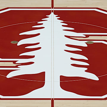 Feb 10, 2024; Stanford, California, USA; The Stanford Cardinal logo at center court before the game between the Stanford Cardinal and the USC Trojans at Maples Pavilion. Mandatory Credit: Robert Edwards-Imagn Images