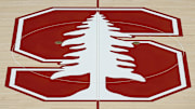 Feb 10, 2024; Stanford, California, USA; The Stanford Cardinal logo at center court before the game between the Stanford Cardinal and the USC Trojans at Maples Pavilion. Mandatory Credit: Robert Edwards-Imagn Images