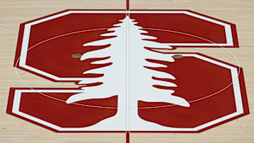 Feb 10, 2024; Stanford, California, USA; The Stanford Cardinal logo at center court before the game between the Stanford Cardinal and the USC Trojans at Maples Pavilion. Mandatory Credit: Robert Edwards-Imagn Images
