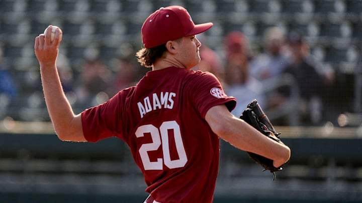 Feb 14, 2025; Tuscaloosa, AL, USA; Starting pitcher Zane Adams makes a pitch during Alabama baseball’s opening day at Sewell-Thomas Stadium against Bradley. The Crimson Tide defeated Bradley 10-6.