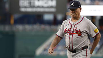  Atlanta Braves manager Brian Snitker (43) walks back to the dugout at Nationals Park.