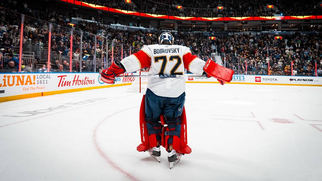 Mar 17, 2026; Vancouver, British Columbia, CAN; Florida Panthers goalie Sergei Bobrovsky (72) reacts to a goal scored on him by Vancouver Canucks forward Aatu Raty (54) in the second period at Rogers Arena. Mandatory Credit: Bob Frid-Imagn Images