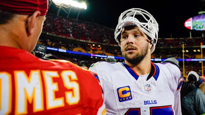 Dec 10, 2023; Kansas City, Missouri, USA; Buffalo Bills quarterback Josh Allen (17) talks with Kansas City Chiefs quarterback Patrick Mahomes (15) after a game  at GEHA Field at Arrowhead Stadium. Mandatory Credit: Jay Biggerstaff-Imagn Images