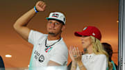 Patrick Mahomes and Brittany Mahomes cheer during the game between the Kansas City Current and Atletico De Madrid during The Women’s Cup at CPKC Stadium.