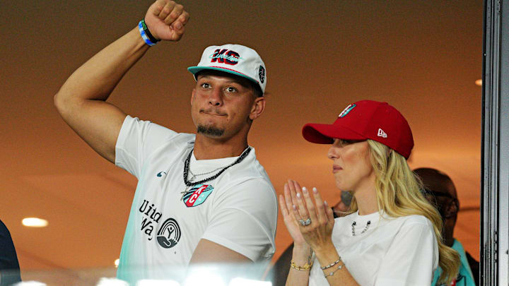 Patrick Mahomes and Brittany Mahomes cheer during the game between the Kansas City Current and Atletico De Madrid during The Women’s Cup at CPKC Stadium. 