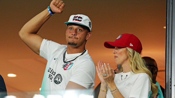Patrick Mahomes and Brittany Mahomes cheer during the game between the Kansas City Current and Atletico De Madrid during The Women’s Cup at CPKC Stadium. Patrick Mahomes and Brittany Mahomes cheer during the game between the Kansas City Current and Atletico De Madrid during The Women’s Cup at CPKC Stadium.