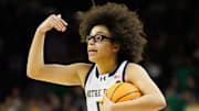 Notre Dame guard Olivia Miles calls a play during a game.