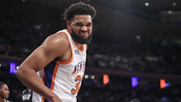 Nov 17, 2024; New York, New York, USA;  New York Knicks center Karl-Anthony Towns (32) reacts after getting fouled in the third quarter against the Brooklyn Nets at Madison Square Garden. Mandatory Credit: Wendell Cruz-Imagn Images
