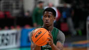 Mar 20, 2025; Raleigh, NC, USA; Baylor Bears guard VJ Edgecombe (7) shoots during practice at Lenovo Center. Mandatory Credit: Bob Donnan-Imagn Images