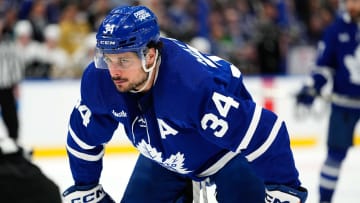 Apr 24, 2024; Toronto, Ontario, CAN; Toronto Maple Leafs forward Auston Matthews (34) get set for a face-off against the Boston Bruins in game three of the first round of the 2024 Stanley Cup Playoffs at Scotiabank Arena. Mandatory Credit: John E. Sokolowski-USA TODAY Sports