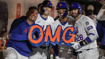 Aug 20, 2024; New York City, New York, USA;  New York Mets designated hitter J.D. Martinez (28) celebrates with infielder Jose Iglesias (11), left fielder Brandon Nimmo (9) and third baseman Mark Vientos (27) after hitting a three-run home run in the eighth inning against the Baltimore Orioles at Citi Field. Mandatory Credit: Wendell Cruz-Imagn Images