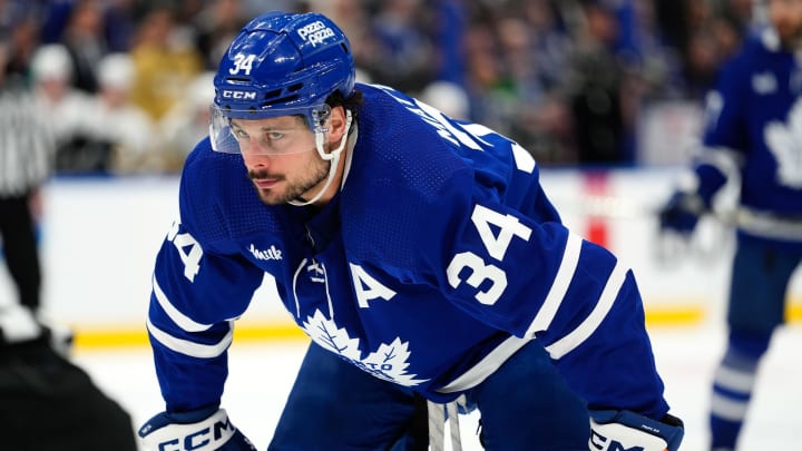 Apr 24, 2024; Toronto, Ontario, CAN; Toronto Maple Leafs forward Auston Matthews (34) get set for a face-off against the Boston Bruins in game three of the first round of the 2024 Stanley Cup Playoffs at Scotiabank Arena. Mandatory Credit: John E. Sokolowski-USA TODAY Sports