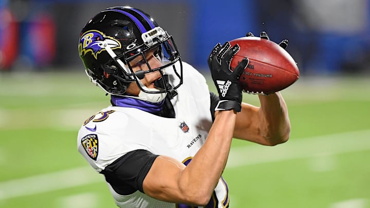 Baltimore Ravens wide receiver Willie Snead makes a catch during warm ups before a game against the Buffalo Bills.