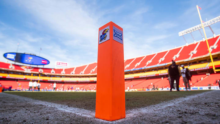 Nov 23, 2024; Kansas City, Missouri, USA;  A Big 12 branded pylon prior to the game between the Kansas Jayhawks and the Colorado Buffaloes at GEHA Field at Arrowhead Stadium. Mandatory Credit: Nick Tre. Smith-Imagn Images