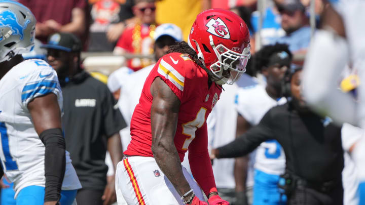 Aug 17, 2024; Kansas City, Missouri, USA; Kansas City Chiefs wide receiver Rashee Rice (4) celebrates after a play against the Detroit Lions during the first half at GEHA Field at Arrowhead Stadium. Mandatory Credit: Denny Medley-USA TODAY Sports