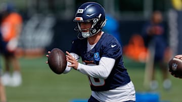 Jul 24, 2025; Englewood, CO, USA; Denver Broncos quarterback Bo Nix (10) during Denver Broncos Training Camp. 