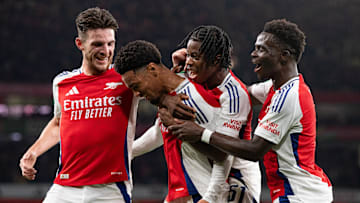 Ethan Nwaneri (centre) was forced off for Arsenal on Saturday